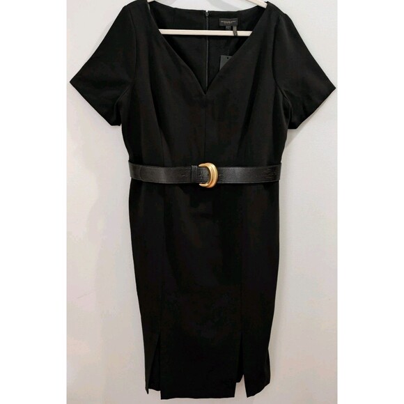 Donna Karan Black Belted V-Neck Double Slit Sheath Dress Size 16 NWT NEW - Picture 3 of 16